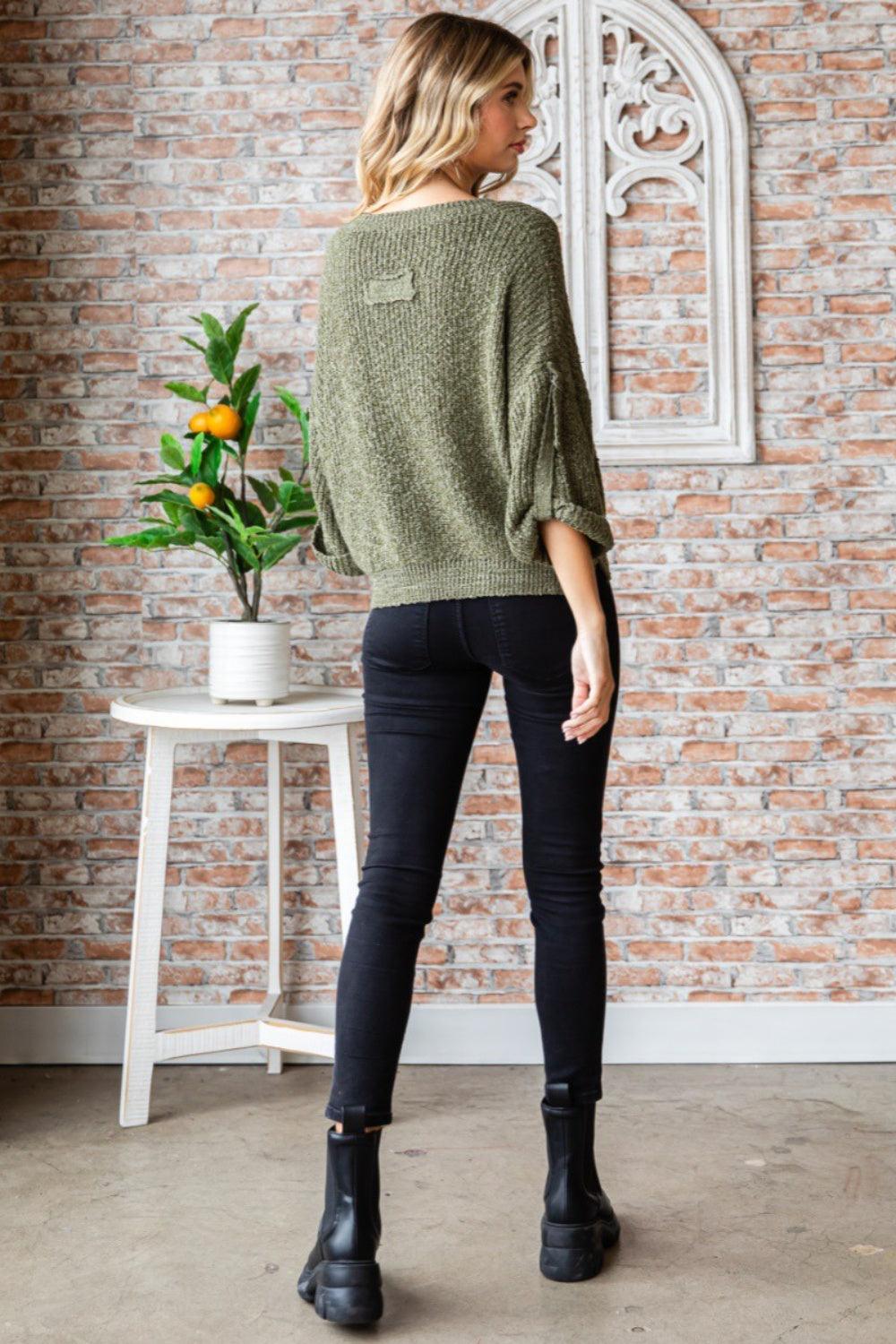 Veveret Round Neck Roll-Up Sweater Carauana Store