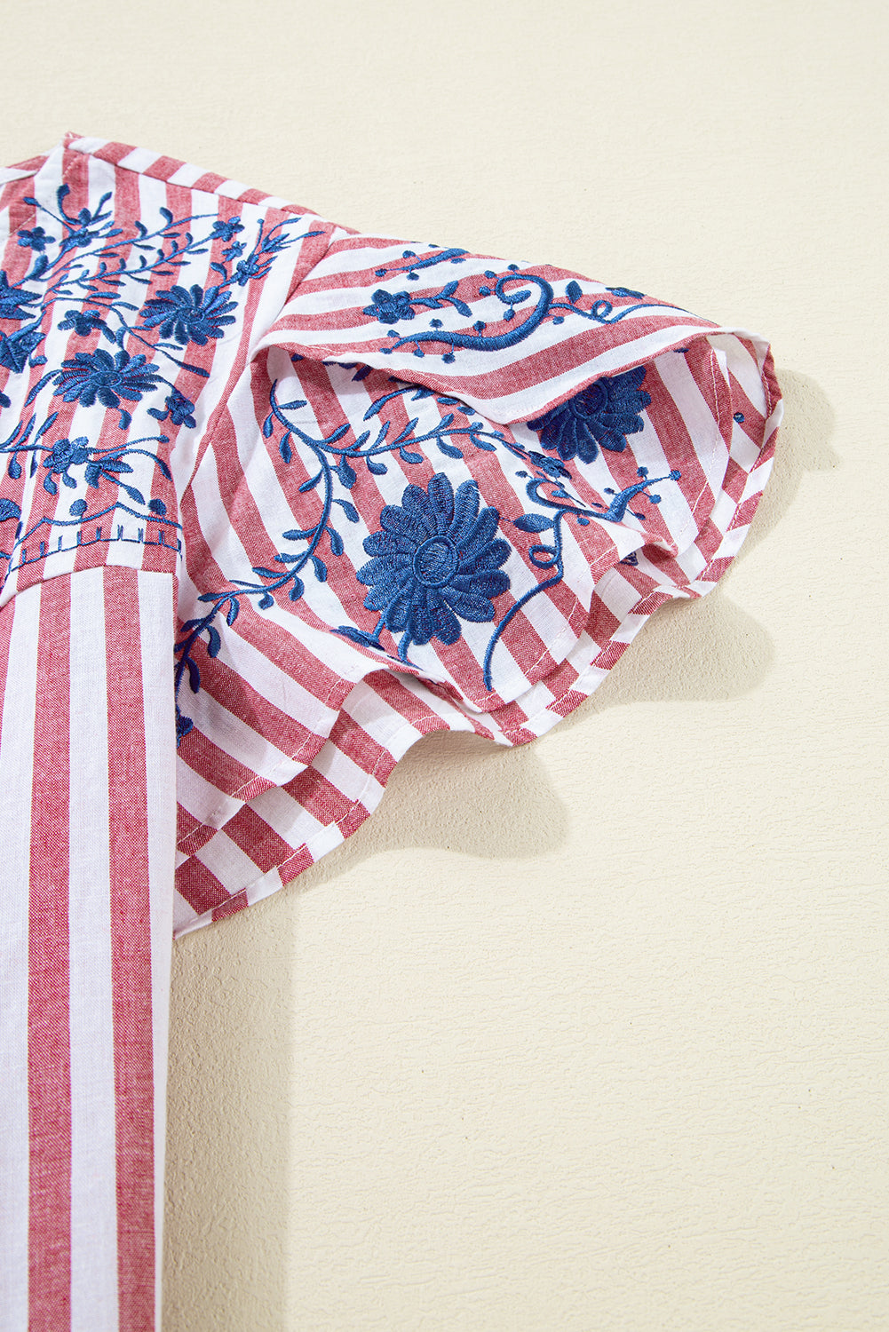 Red Stripe Plus Size Floral Embroidered Petal Sleeve Blouse