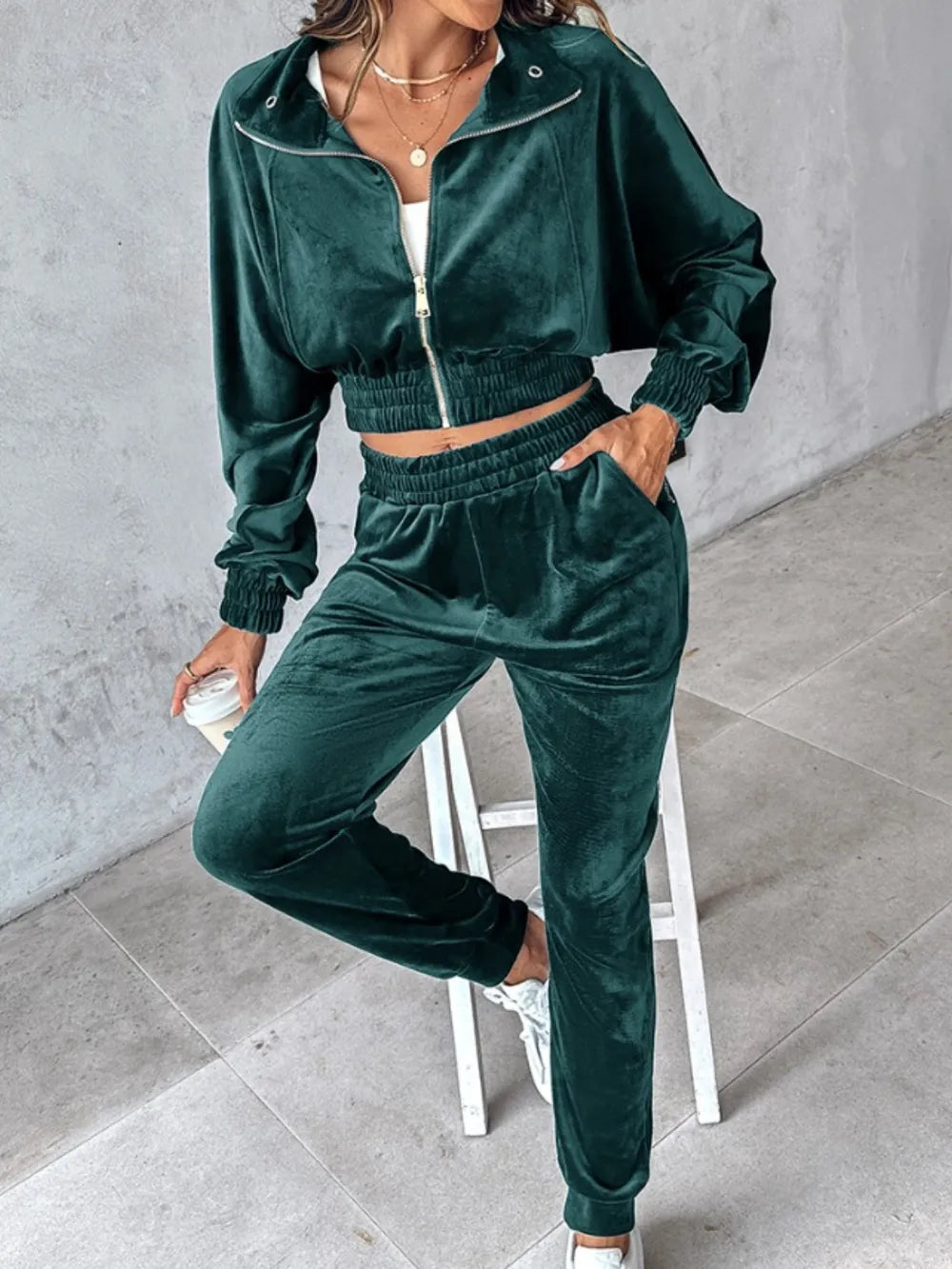 Zip Up Long Sleeve Cropped Top and Joggers Set Carauana Store