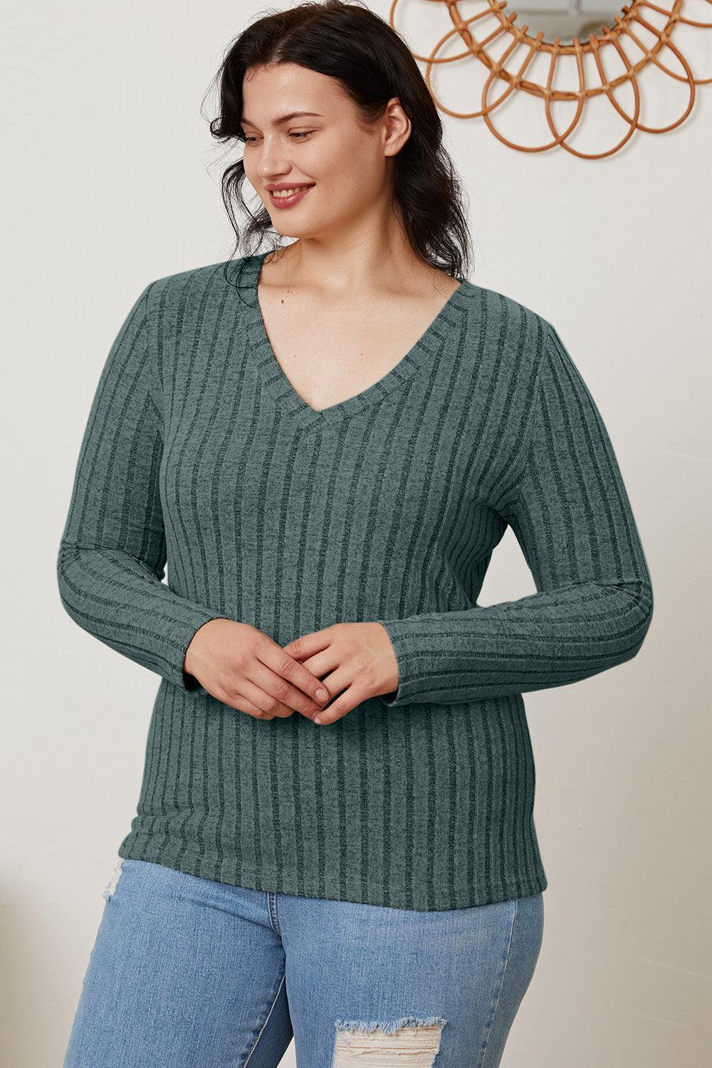 Basic Bae Full Size Ribbed V-Neck Long Sleeve T-Shirt Carauana Store