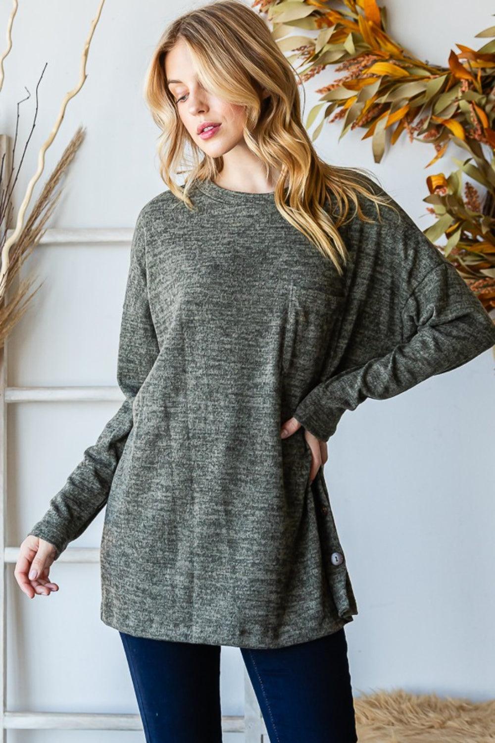 Reborn J Button Side Round Neck Long Sleeve T-Shirt Carauana Store