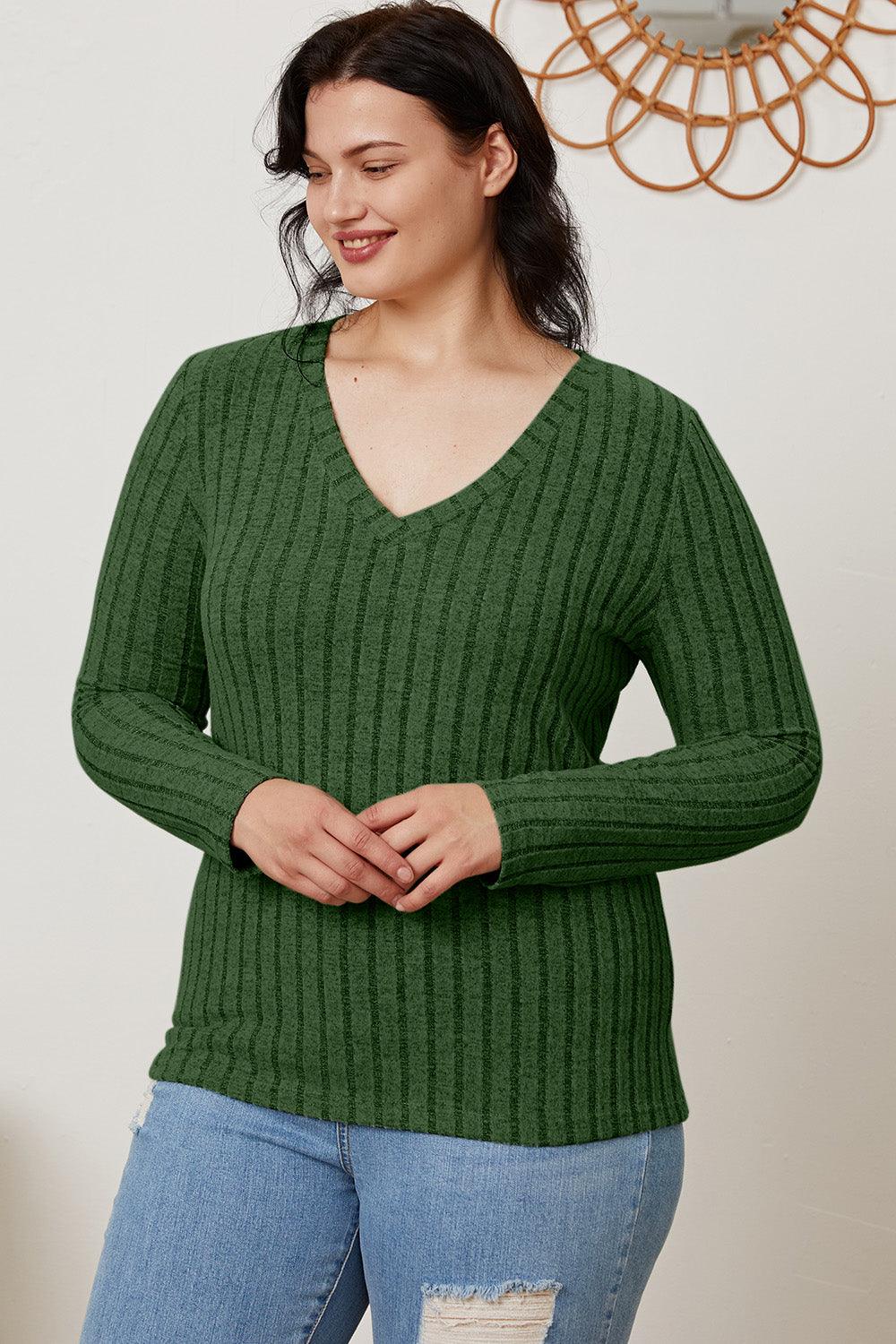 Basic Bae Full Size Ribbed V-Neck Long Sleeve T-Shirt Carauana Store