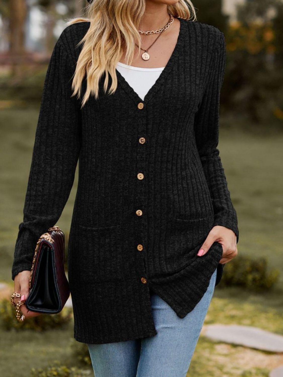 Ribbed Button Up Long Sleeve Cardigan Carauana Store