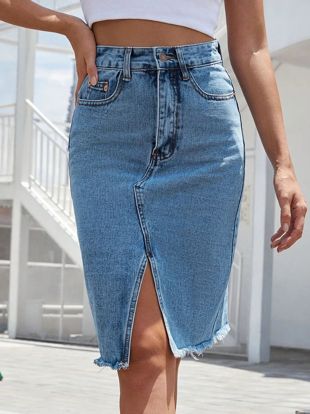 Raw Hem Slit Denim Skirt Carauana Store