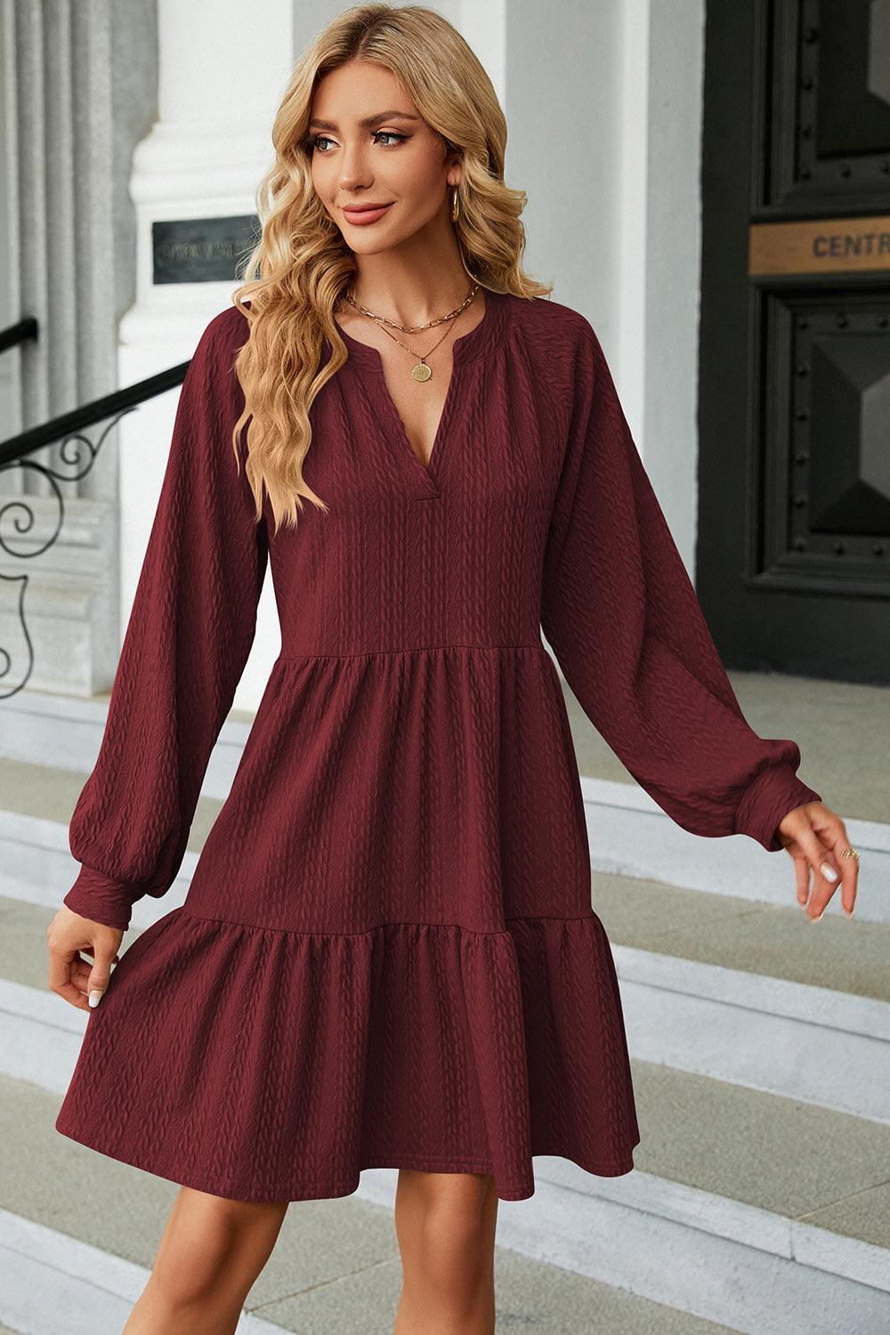 Ruched Notched Long Sleeve Mini Dress Carauana Store