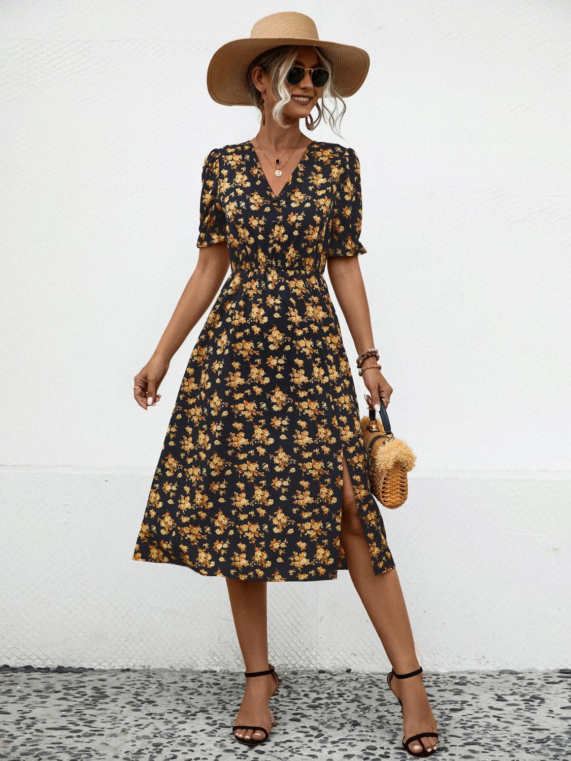 Slit Printed V-Neck Short Sleeve Dress Carauana Store