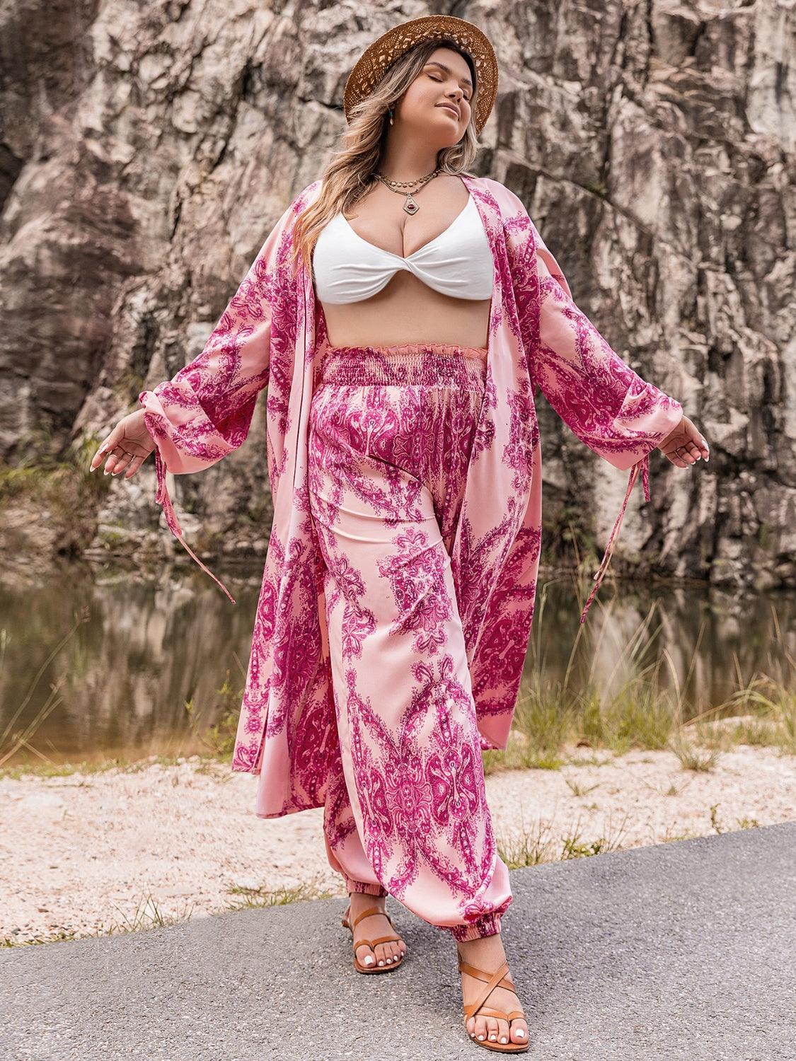 Plus Size Open Front Cardigan and Pants Set Carauana Store