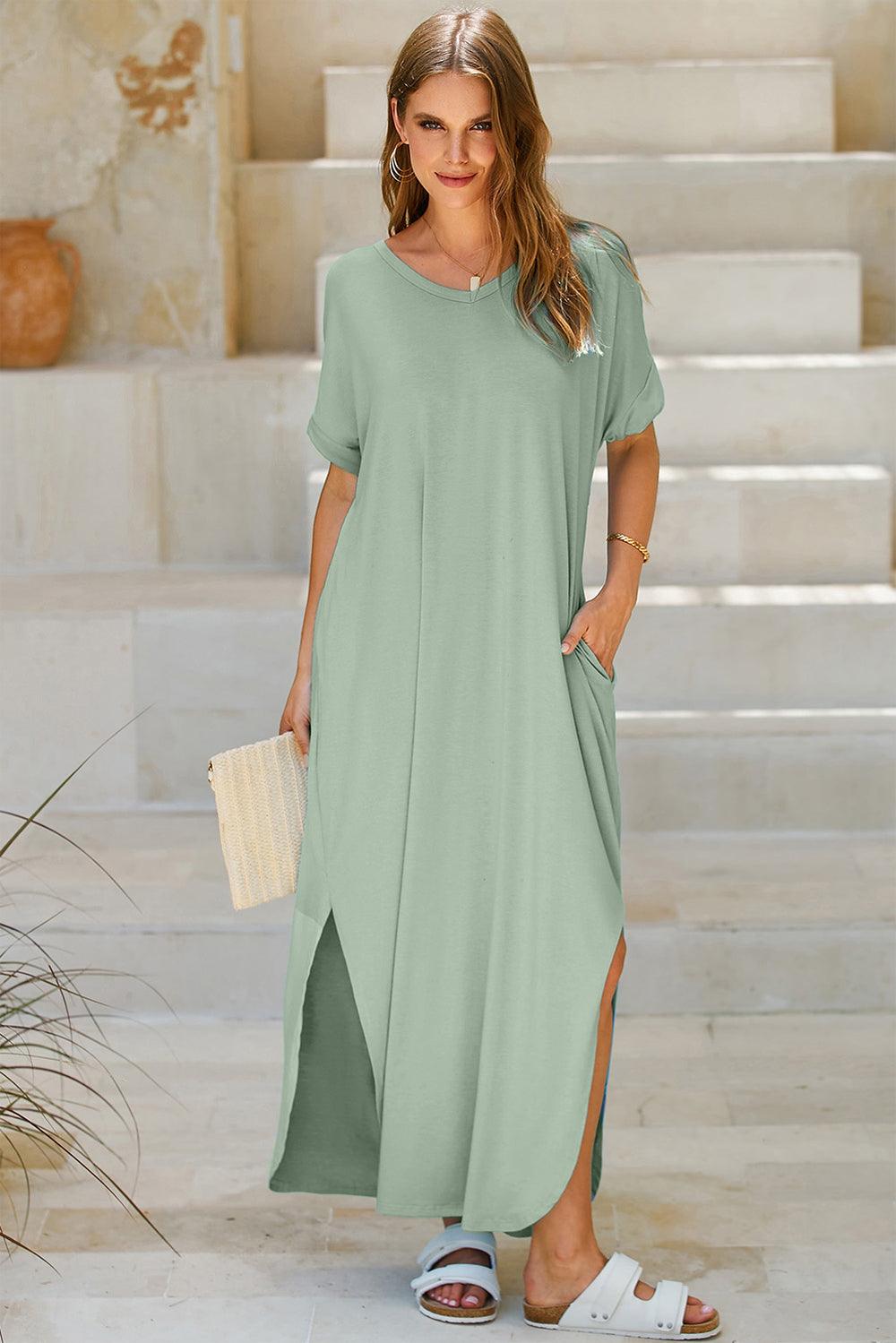 Slit Pocketed Short Sleeve Dress Carauana Store