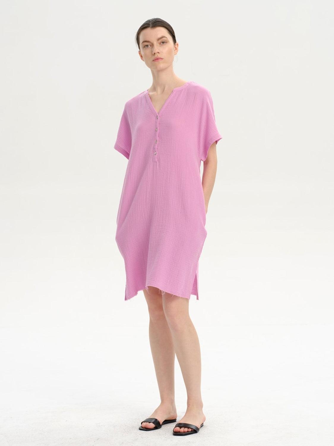 Slit Notched Short Sleeve Mini Dress Carauana Store