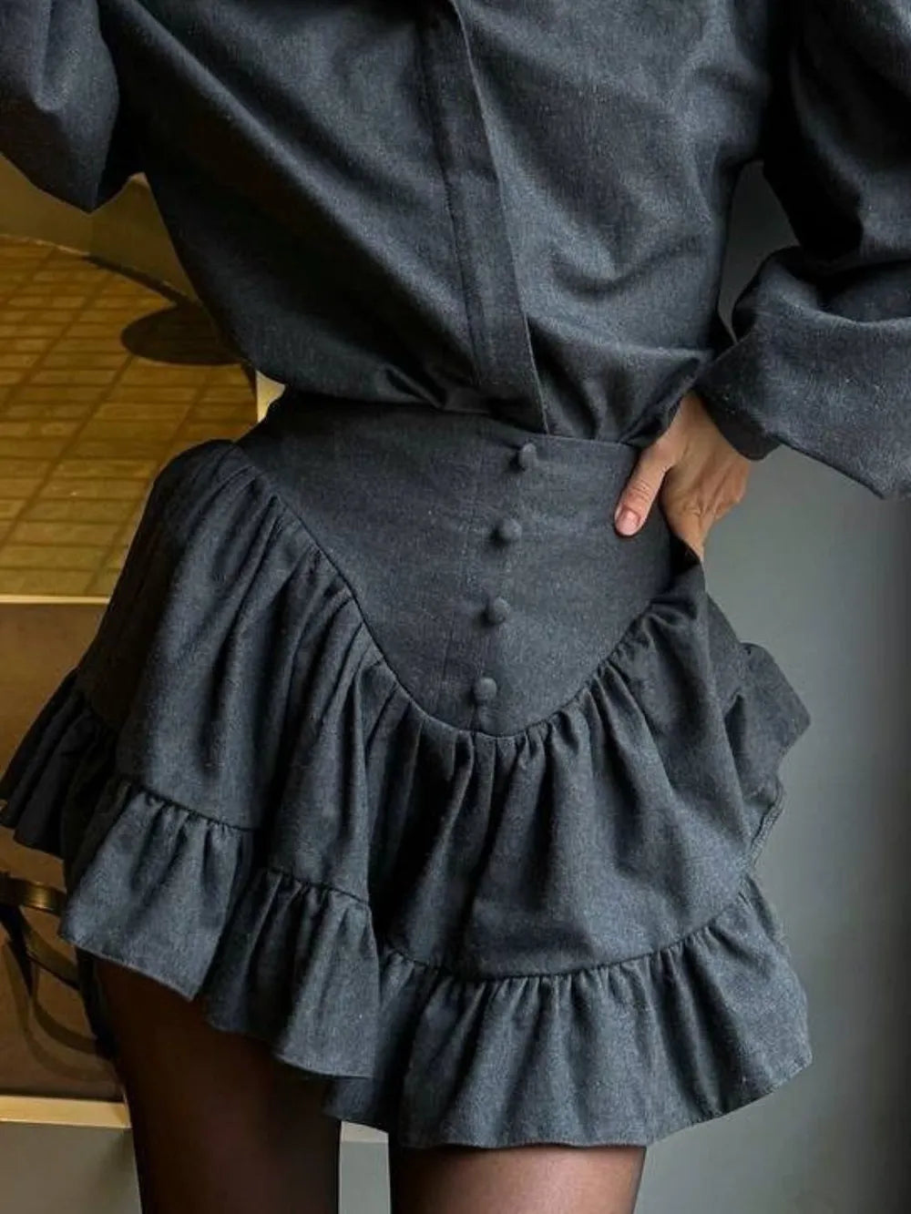 Lantern Sleeve Shirt and Ruffled Skirt Set Carauana Store