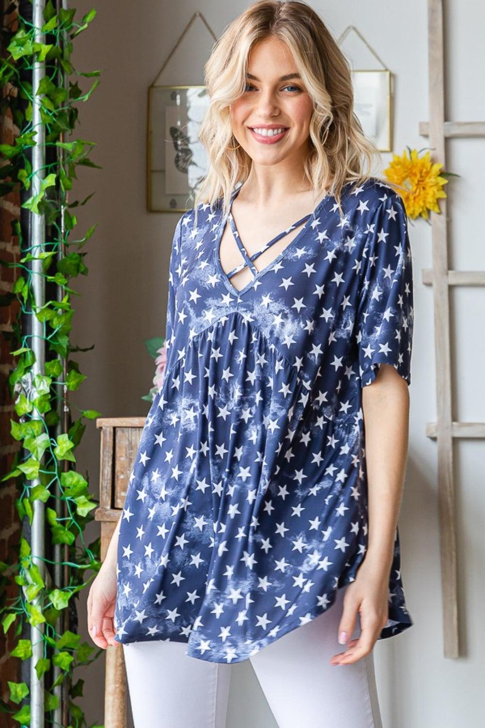 Heimish Full Size Short Sleeve Crisscross Star Babydoll Top Carauana Store