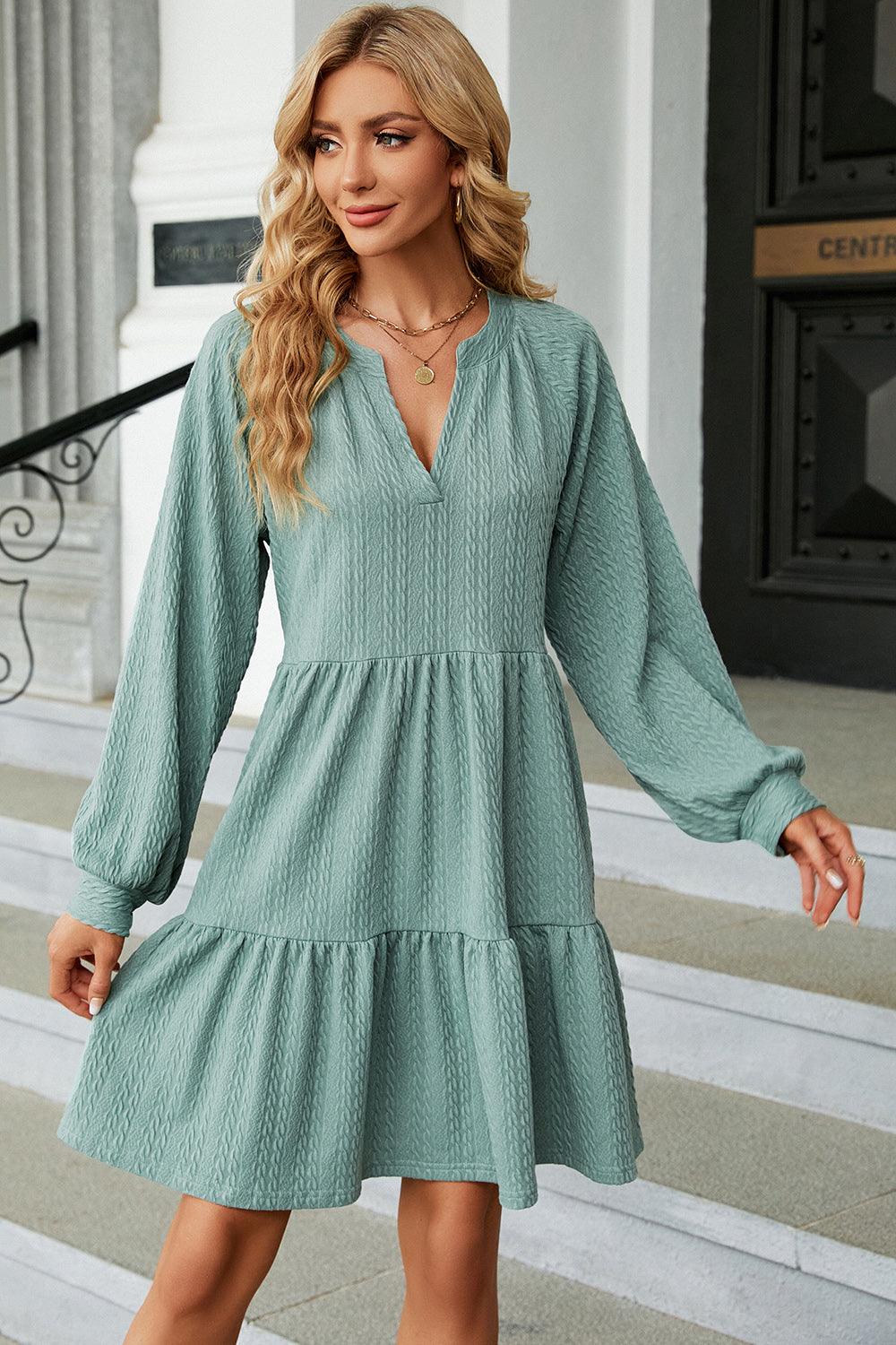 Ruched Notched Long Sleeve Mini Dress Carauana Store