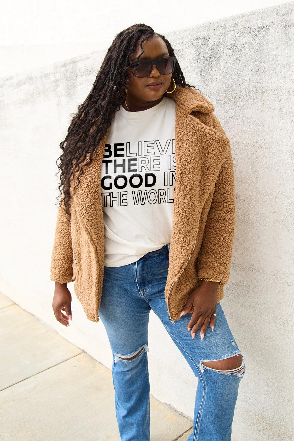 Simply Love Full Size BELIEVE THERE IS GOOD IN THE WORLD Short Sleeve T-Shirt Carauana Store