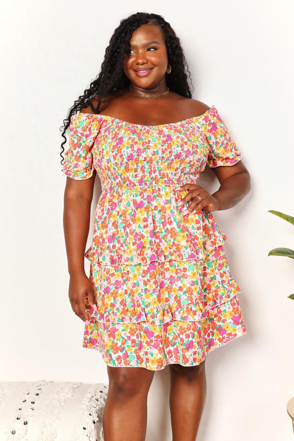 Double Take Smocked Sweetheart Neck Flounce Sleeve Mini Dress Carauana Store