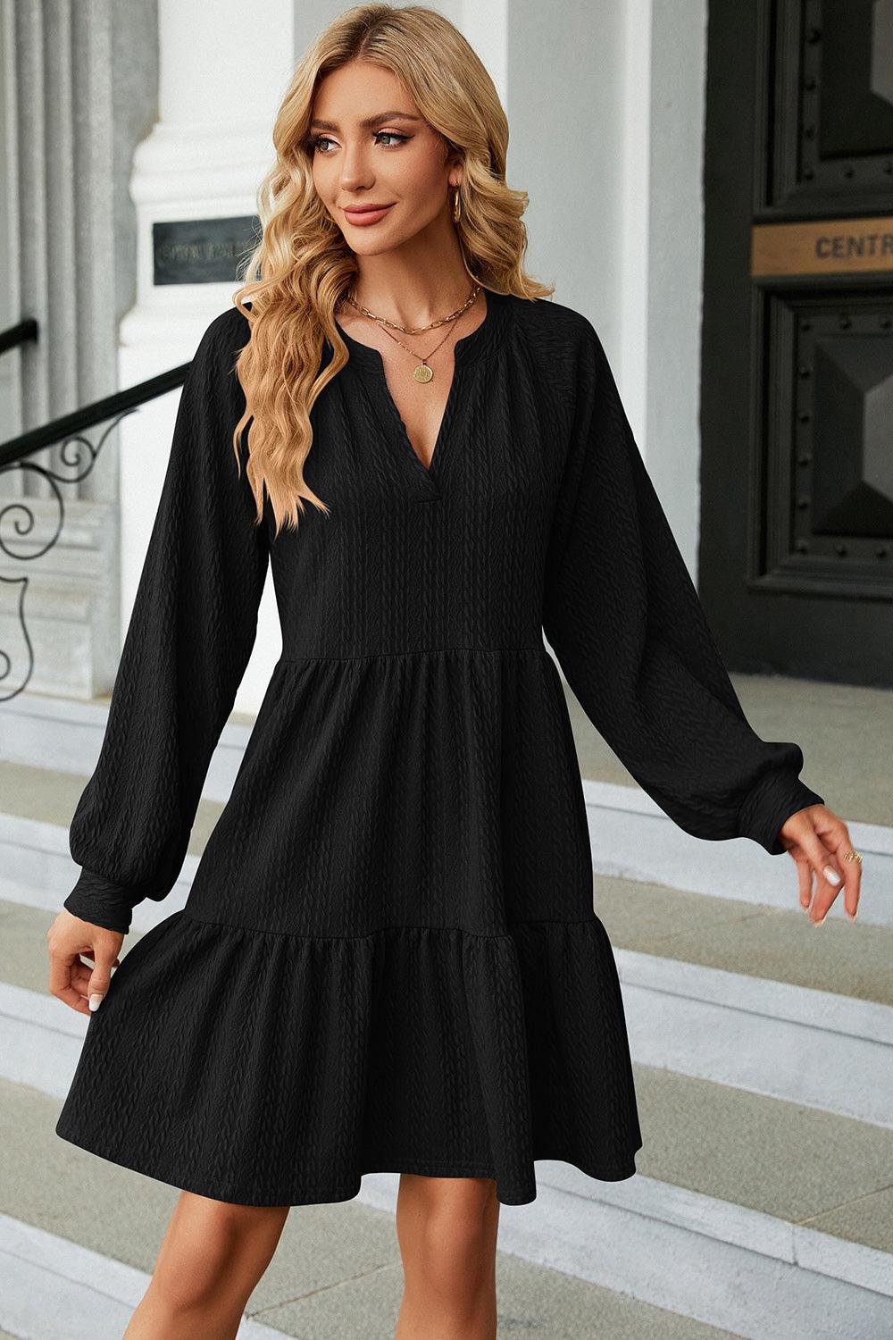 Ruched Notched Long Sleeve Mini Dress Carauana Store