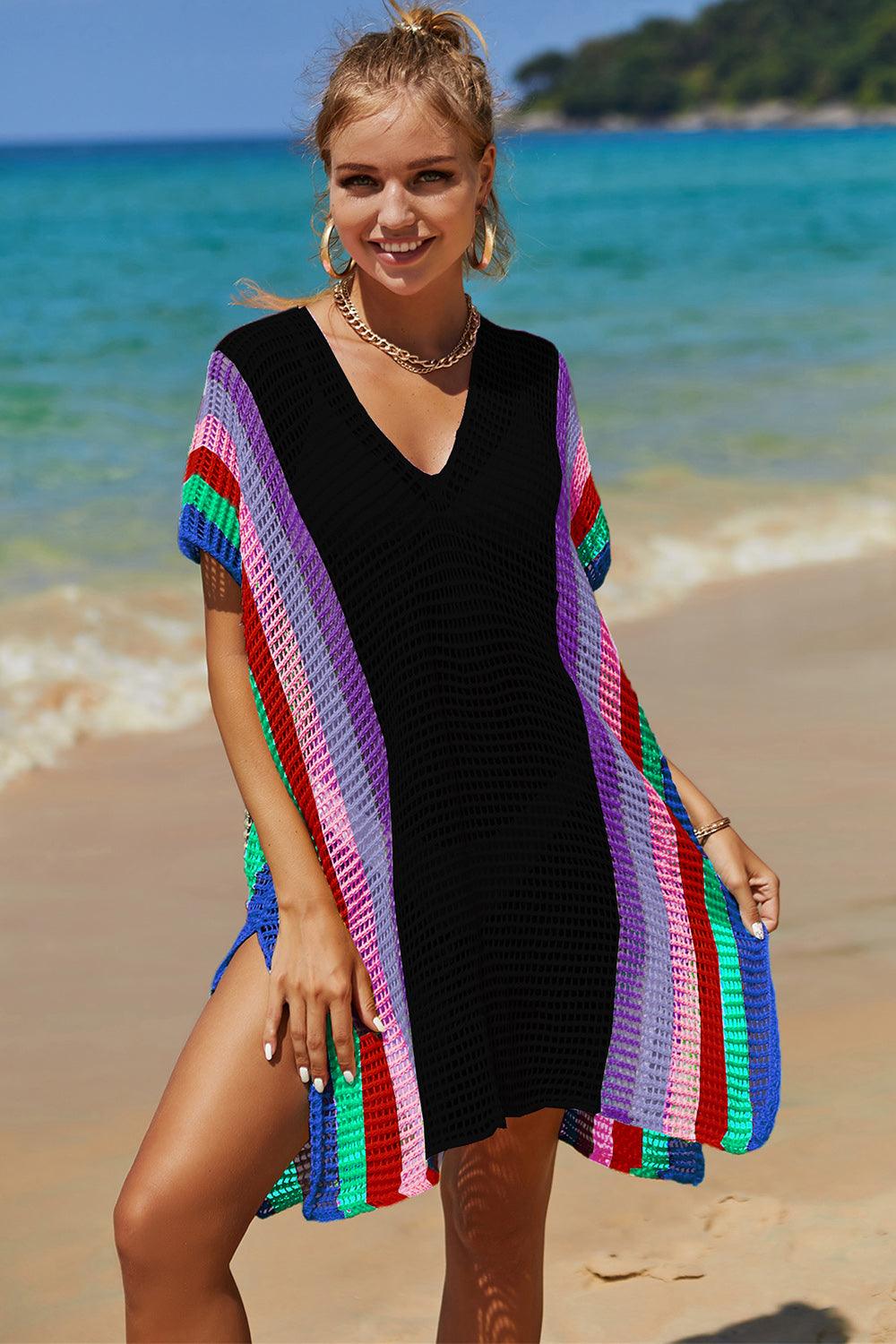 Double Take Openwork Striped Slit Knit Cover Up Carauana Store