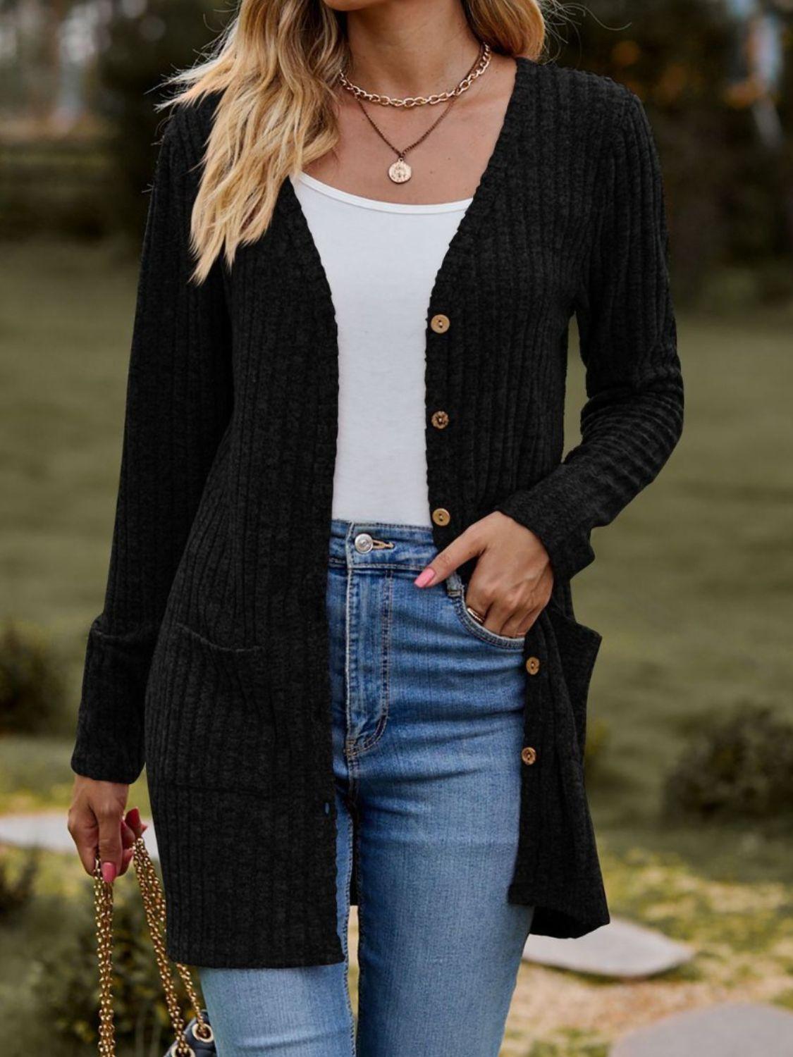 Ribbed Button Up Long Sleeve Cardigan Carauana Store
