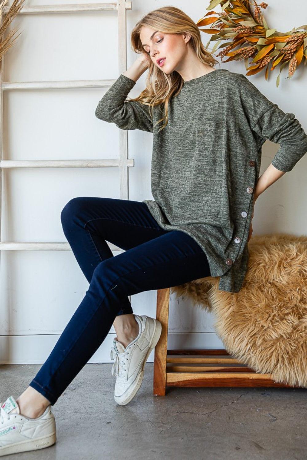 Reborn J Button Side Round Neck Long Sleeve T-Shirt Carauana Store
