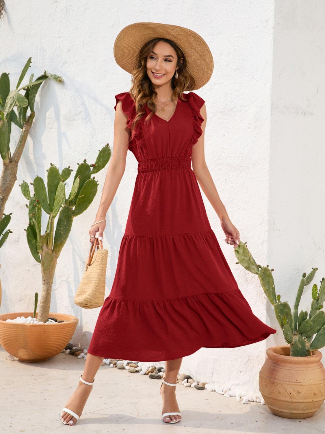 Tiered Ruffled V-Neck Cap Sleeve Dress Carauana Store