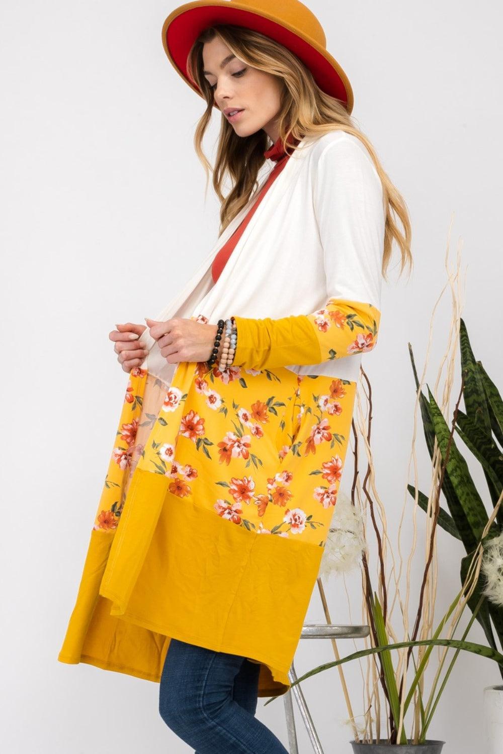 Celeste Full Size Floral Color Block Open Front Cardigan Carauana Store