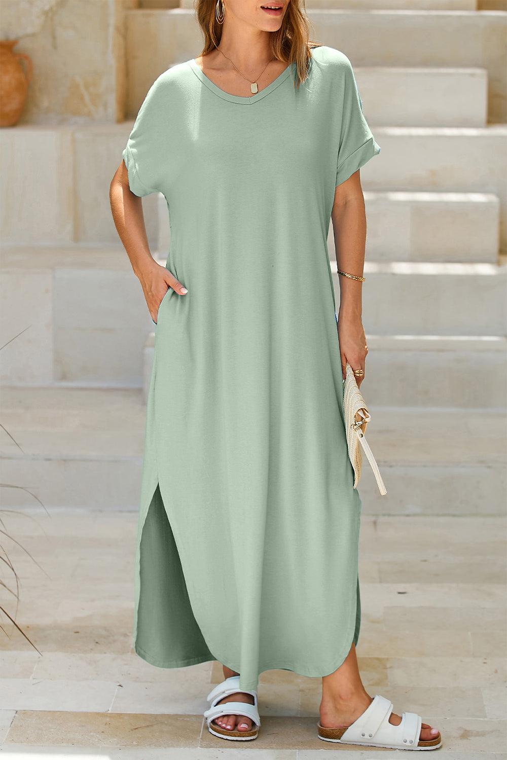 Slit Pocketed Short Sleeve Dress Carauana Store