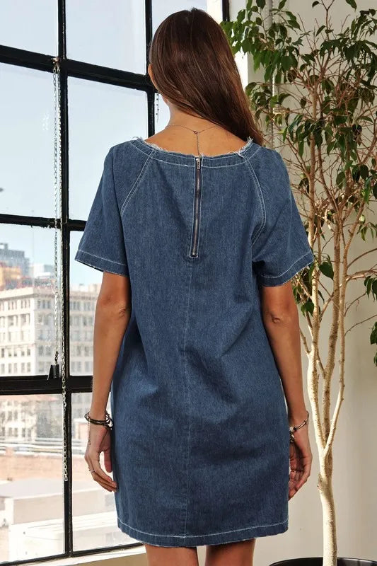 ADORA Raw Hem Mini Denim Dress with Pockets Carauana Store
