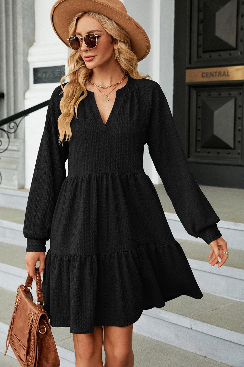Ruched Notched Long Sleeve Mini Dress Carauana Store