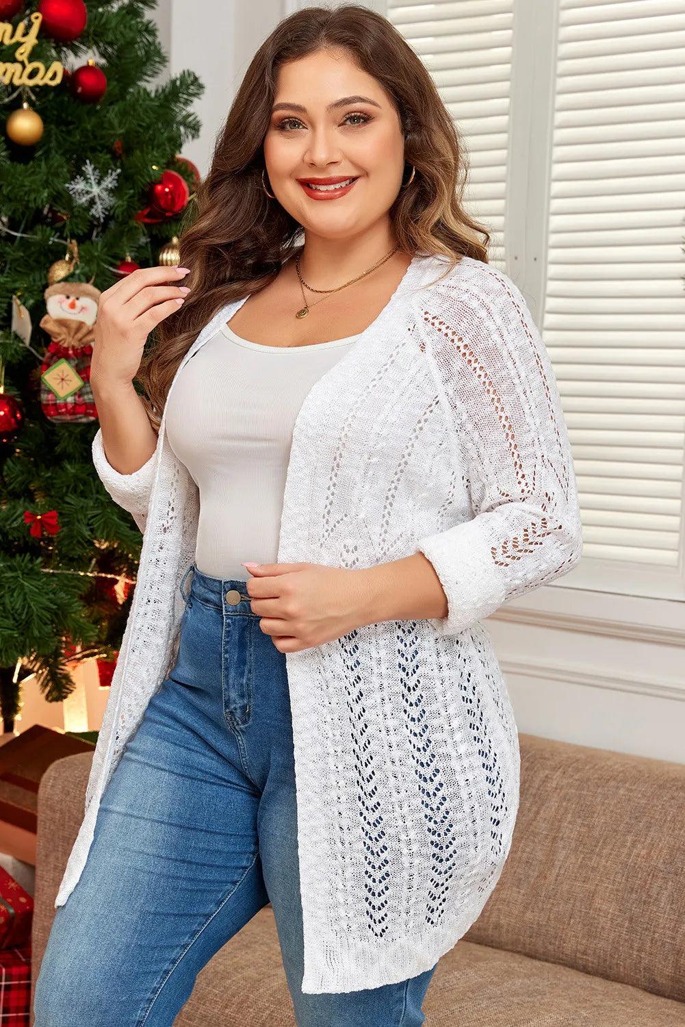 Plus Size Openwork Open Front Long Sleeve Cardigan Carauana Store