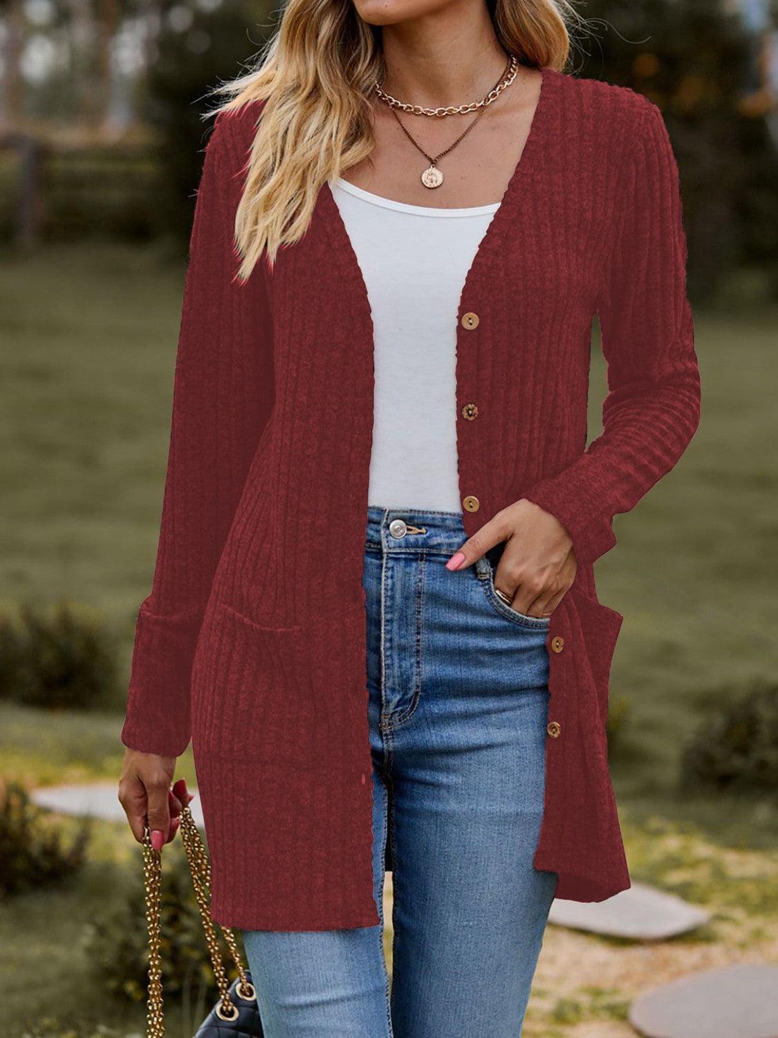 Ribbed Button Up Long Sleeve Cardigan Carauana Store