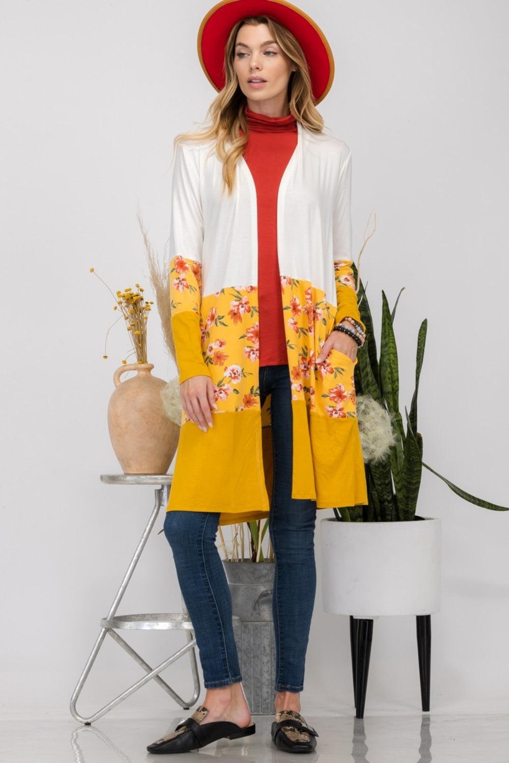 Celeste Full Size Floral Color Block Open Front Cardigan Carauana Store