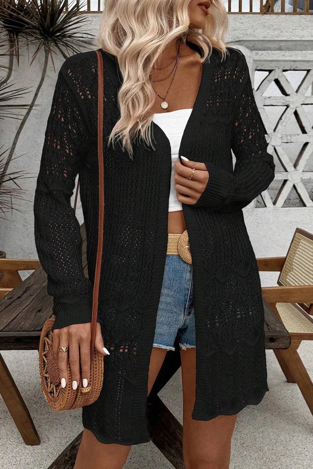 Openwork Open Front Long Sleeve Cardigan Carauana Store