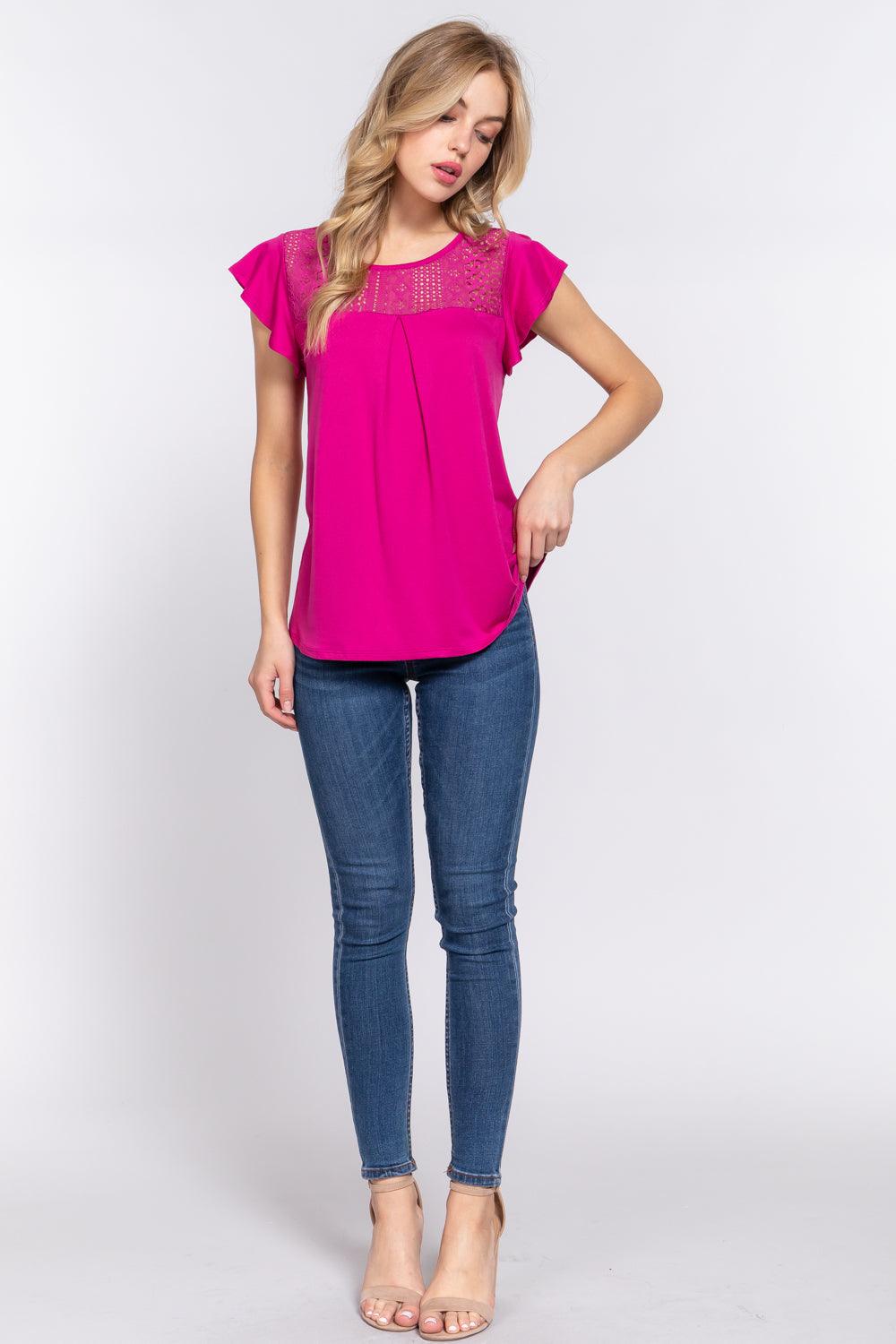 ACTIVE BASIC Ruffle Short Sleeve Lace Detail Knit Top Carauana Store