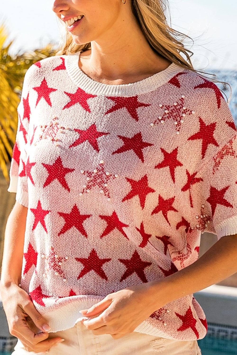BiBi Star Pattern Round Neck Short Sleeve Knit Top Carauana Store