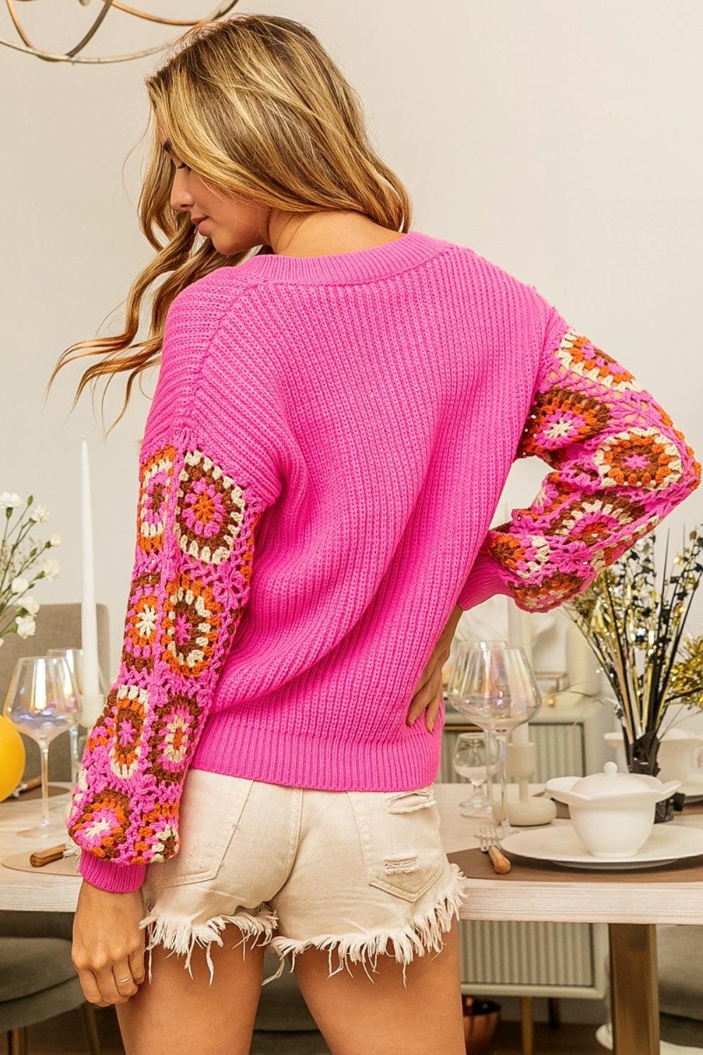 BiBi V-Neck Crochet Long Sleeve Sweater Carauana Store
