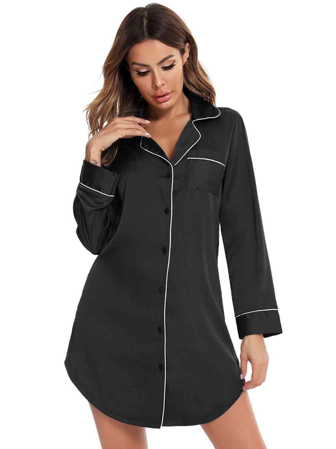Button Up Lapel Collar Night Dress with Pocket Carauana Store