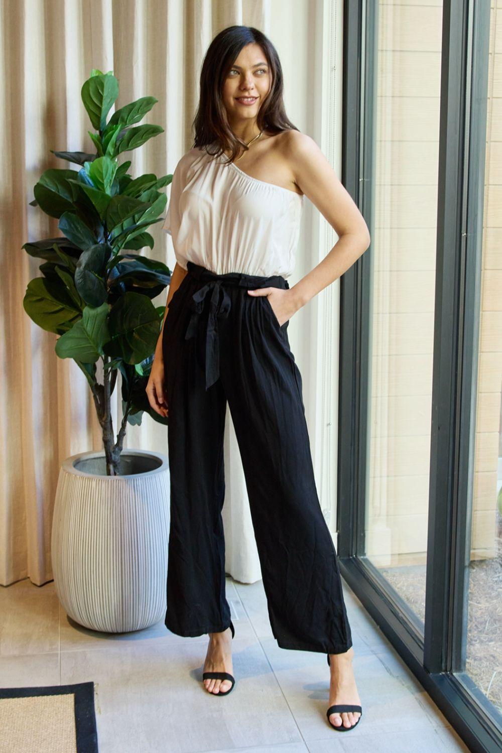 Dress Day Marvelous in Manhattan One-Shoulder Jumpsuit in White/Black Carauana Store