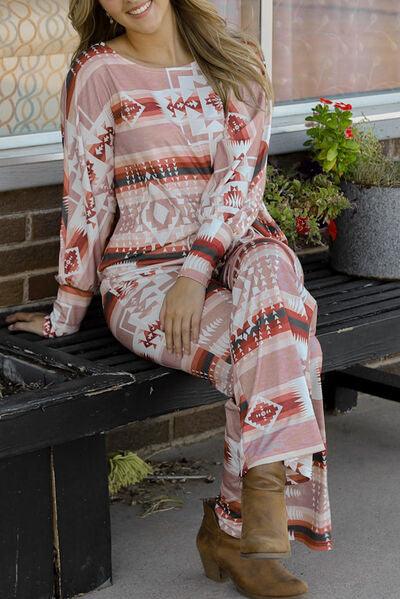 Geometric Top and Drawstring Pants Lounge Set Carauana Store