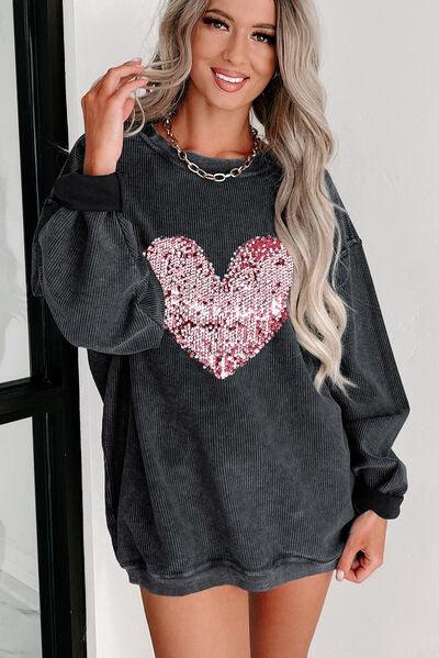 Heart Sequin Round Neck Sweatshirt Carauana Store