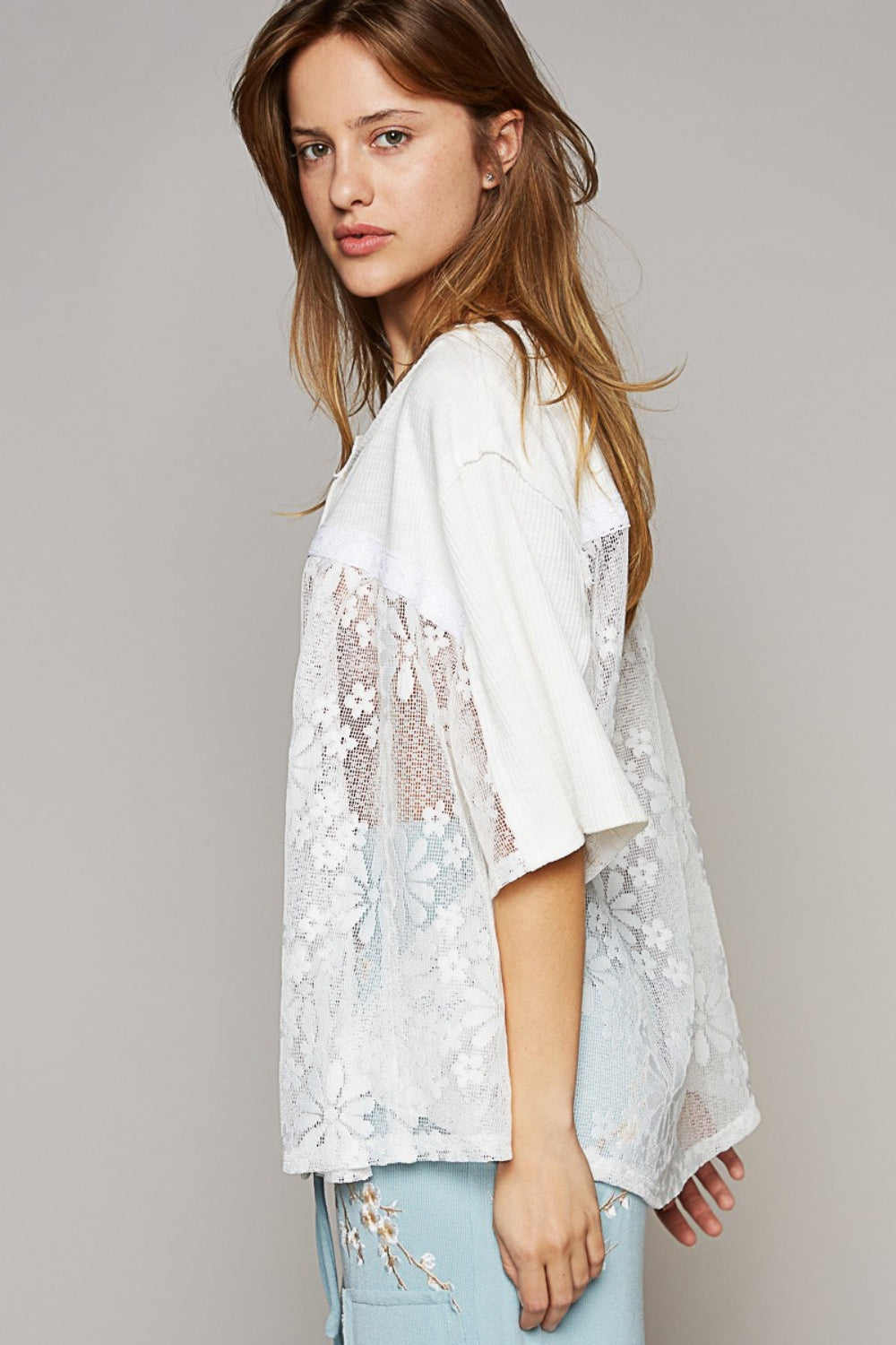 POL Round Neck Short Sleeve Lace Top Carauana Store