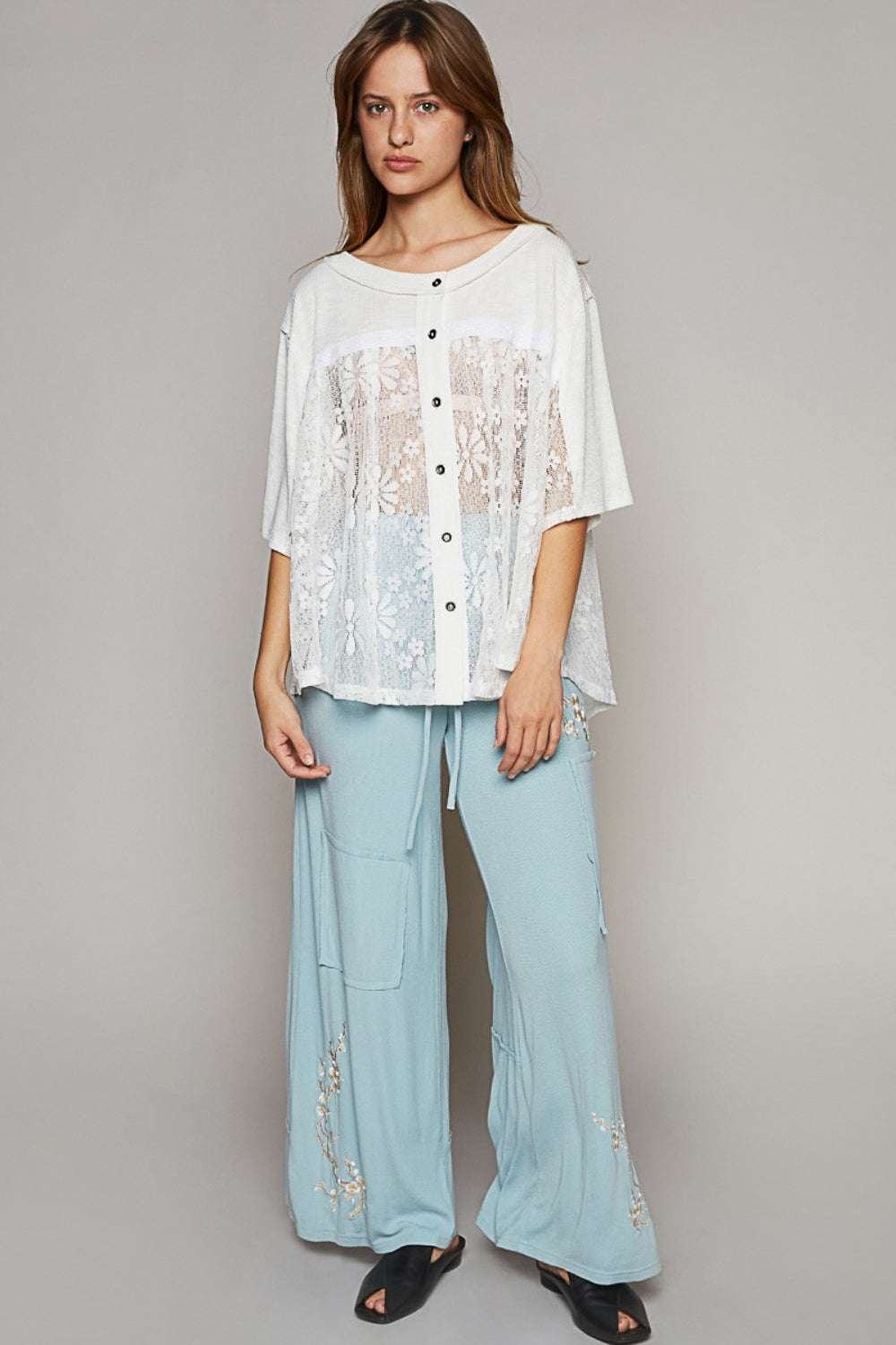 POL Round Neck Short Sleeve Lace Top Carauana Store
