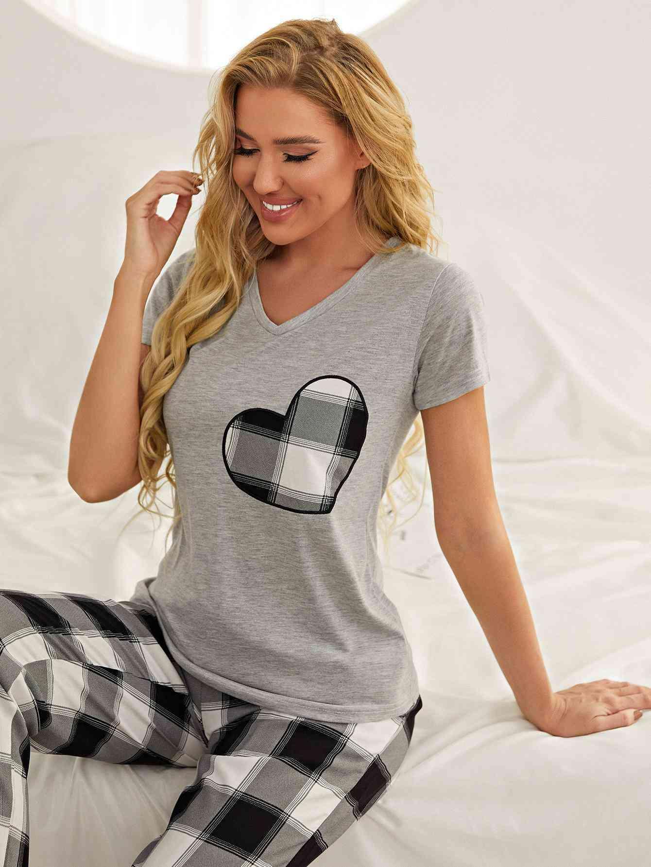 Plaid Heart Tee and Pants Lounge Set with Pockets Carauana Store