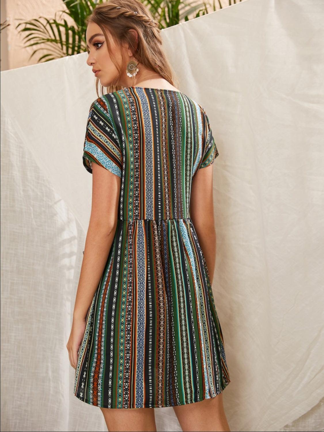 Pocketed Striped Short Sleeve Dress Carauana Store