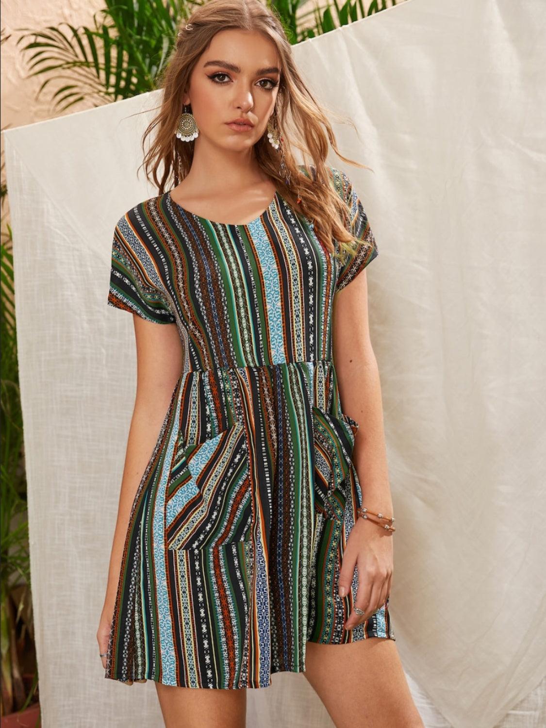 Pocketed Striped Short Sleeve Dress Carauana Store