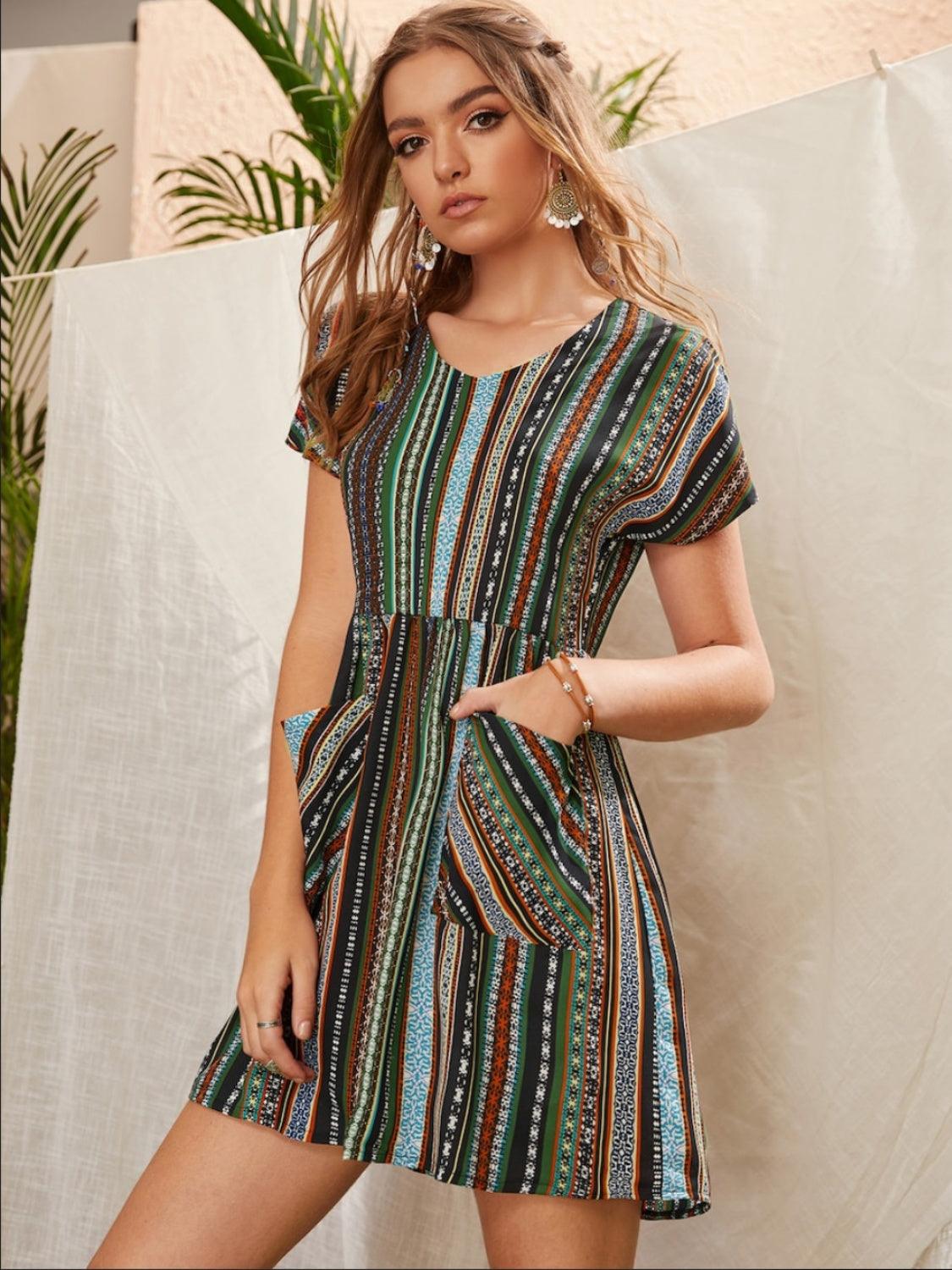Pocketed Striped Short Sleeve Dress Carauana Store