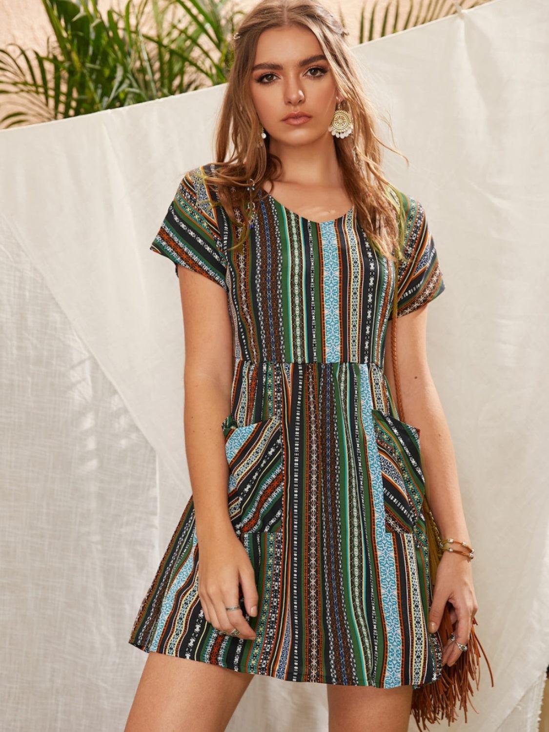 Pocketed Striped Short Sleeve Dress Carauana Store