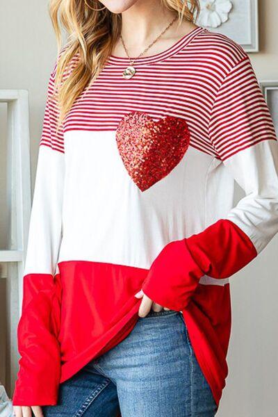 Striped Heart Sequin Long Sleeve T-Shirt Carauana Store