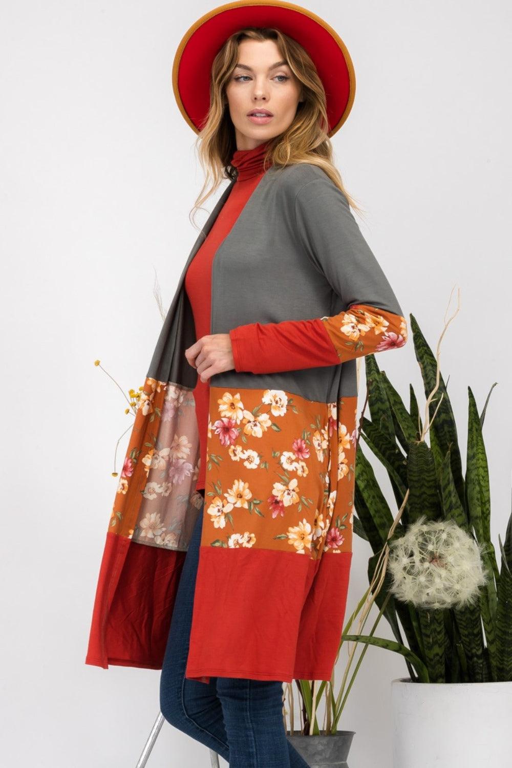 Celeste Full Size Floral Color Block Open Front Cardigan Carauana Store
