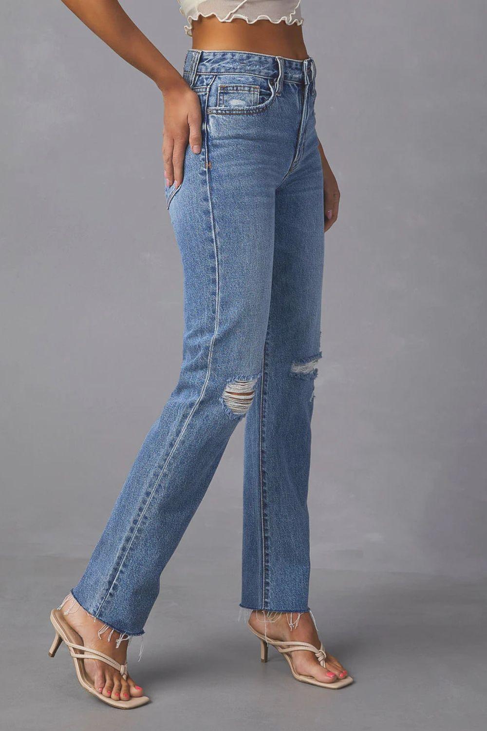 Distressed Raw Hem Straight Jeans with Pockets Carauana Store