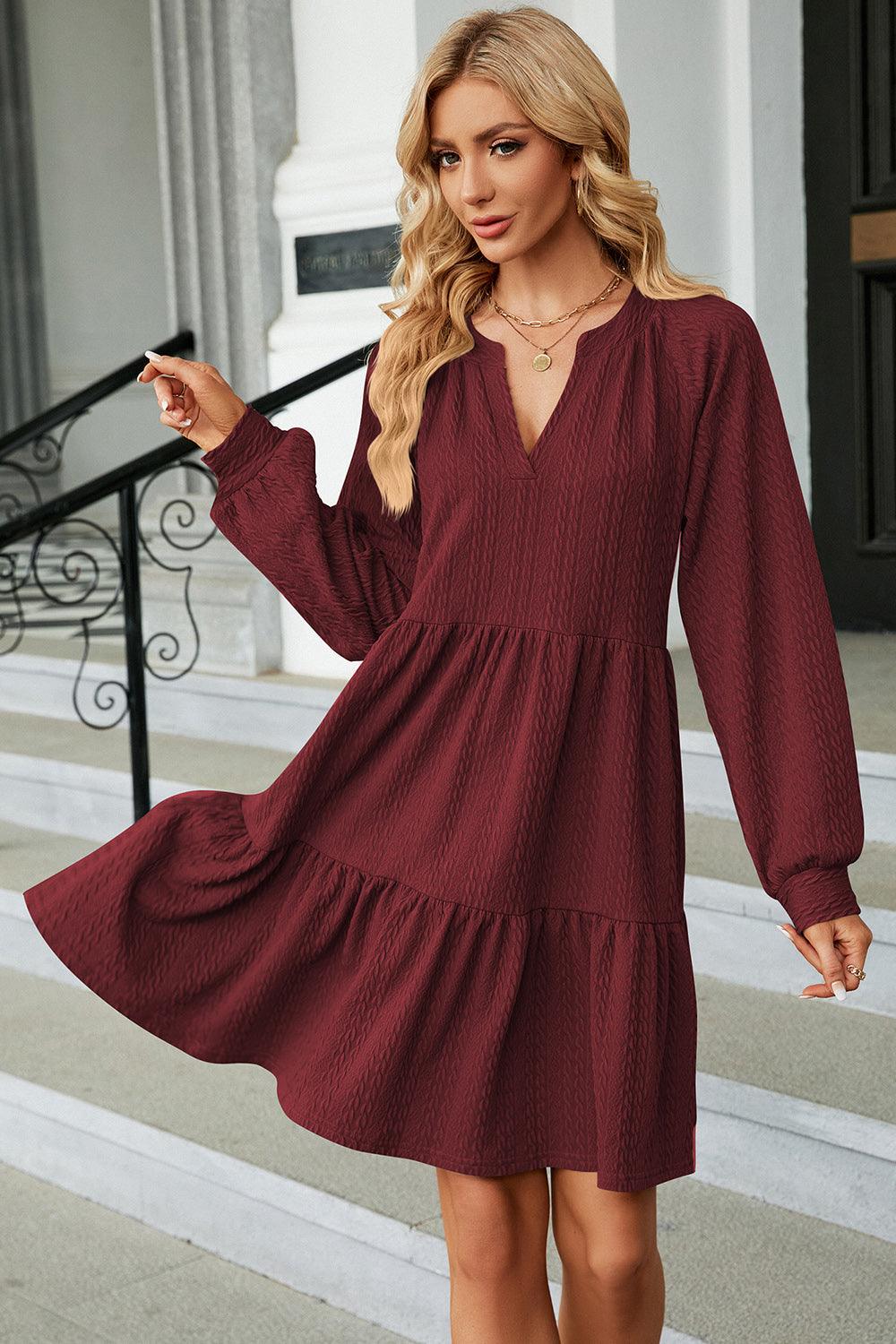 Ruched Notched Long Sleeve Mini Dress Carauana Store