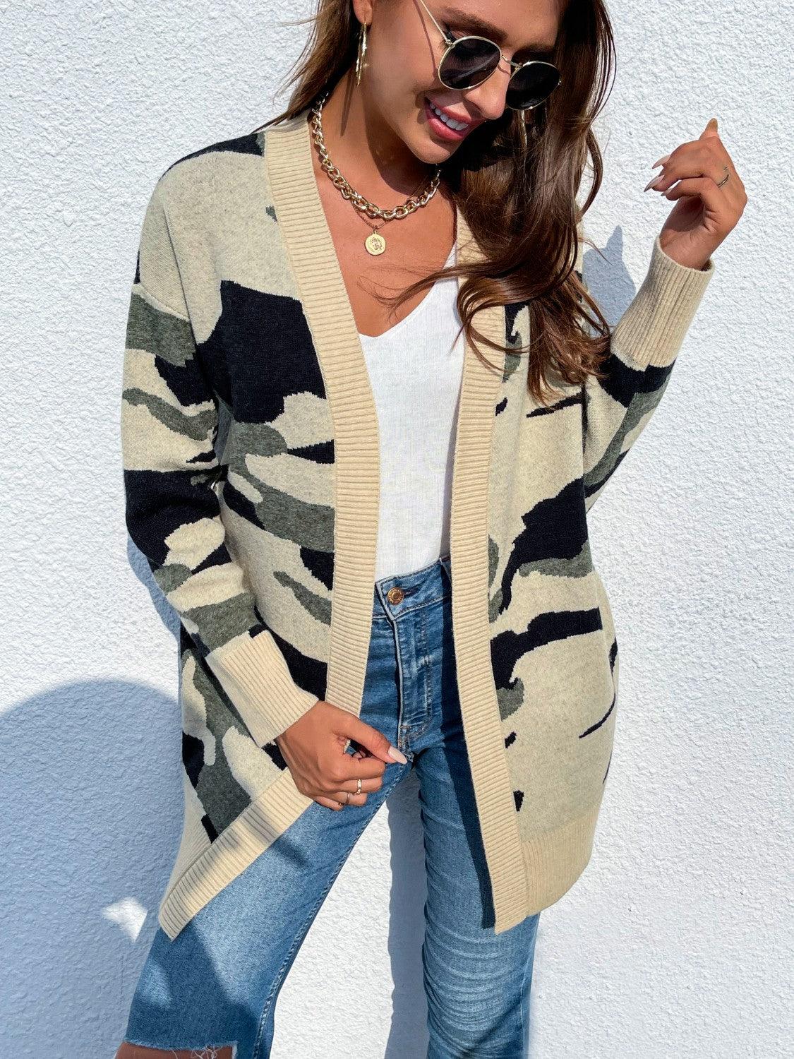 Camouflaged Dropped Shoulder Open Front Cardigan Carauana Store